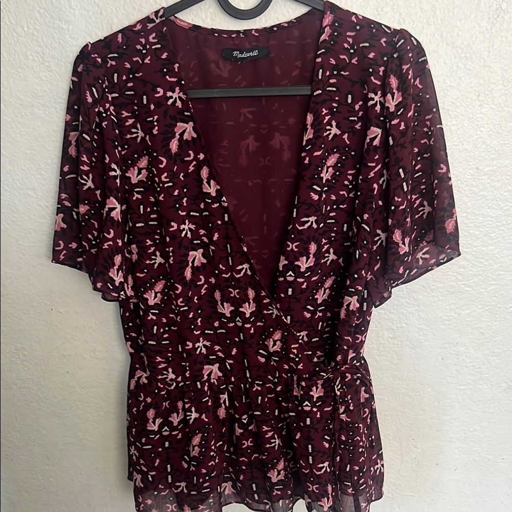 Madewell Floral V-Neck Top - Pink and Black